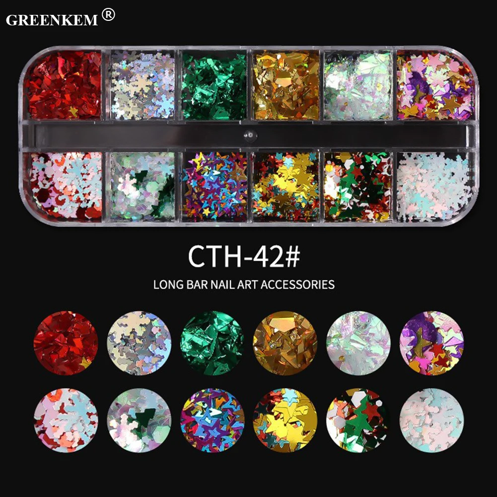 Wholesale Christmas 12 Grids/box Sequins Mixed Color Sparkle Nail Glitter Winter Snowflake Nail Art Sequins Decoration