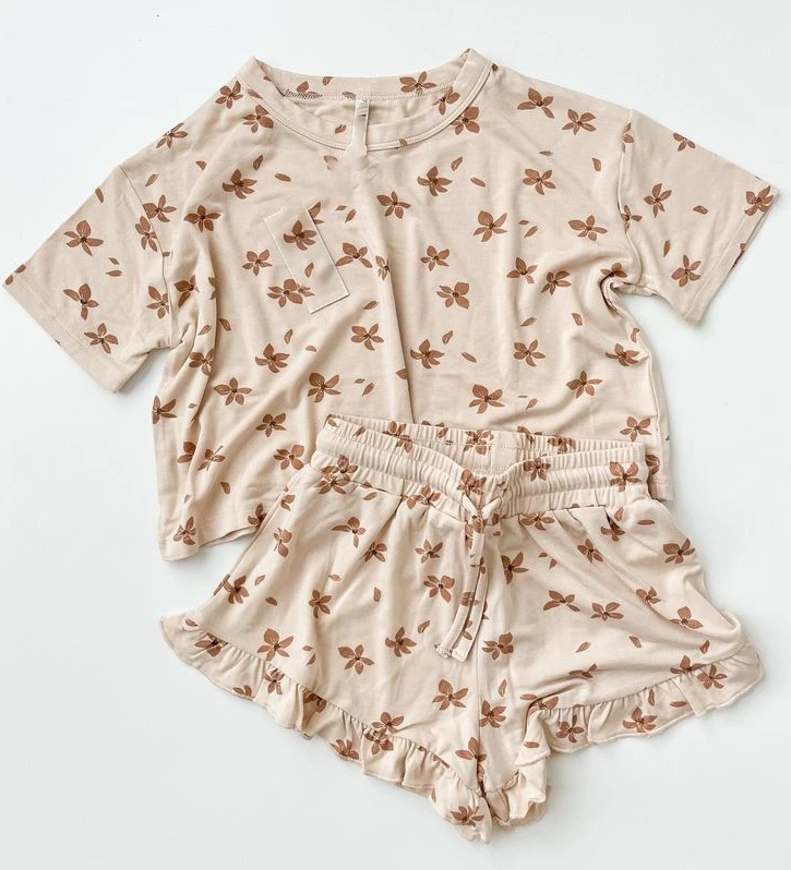 Baby Kids Summer Cotton Printing Sets Oversized Tees and Ruffled Hem Shorts Girls Summer Outside Causal Outfits
