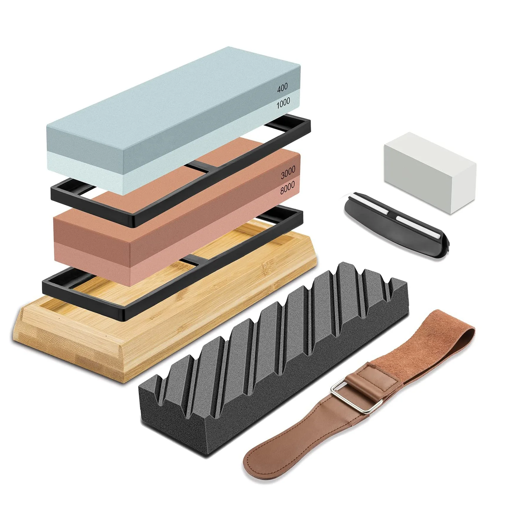 Knife sharpener stone double side sharpening stone set with flatting stone and bamboo base