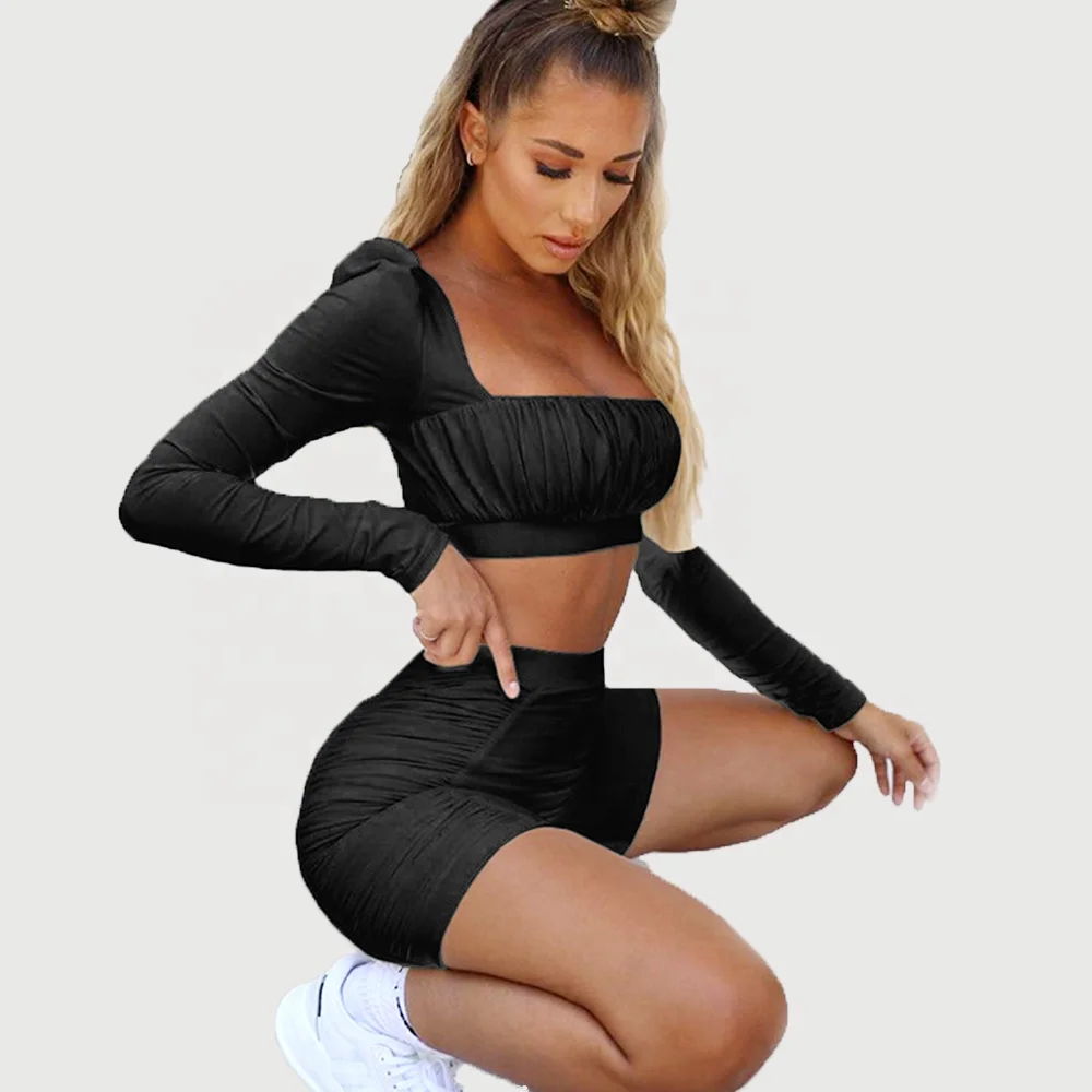 Wholesale Summer Women Jogger Set Long Sleeve Crop Top and Short Two Piece Tracksuit Sets