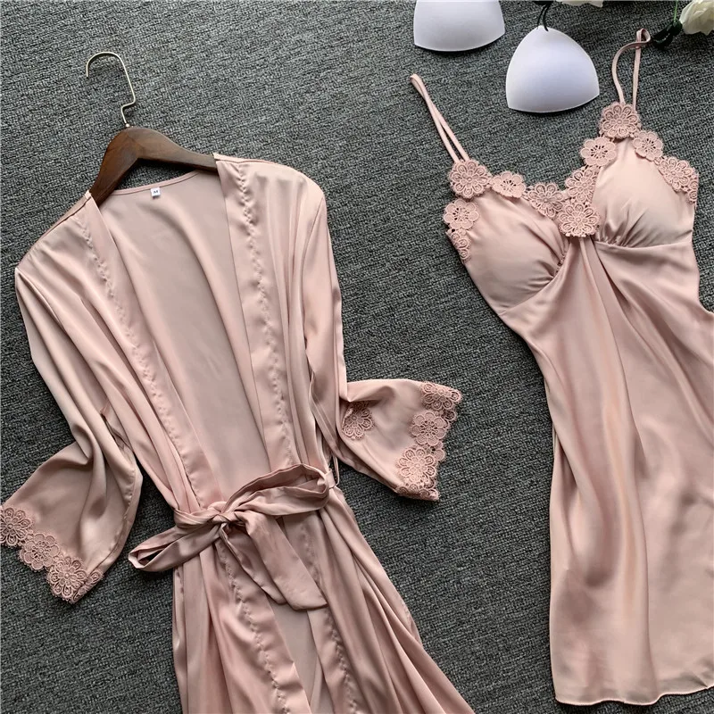 Satin Sexy Lace Pajamas 4 pieces Set Pyjama Silk Homewear Spaghetti Strap Pijama Women Sleepwear with Chest Pads