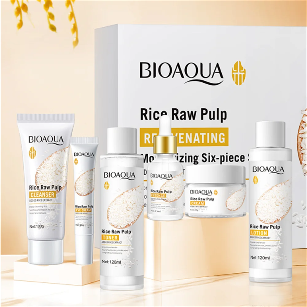 Hot selling Rice Raw Pulp serum Skin Rejuvenation 6Pcs Whitening Face Cream Beauty Health Face Skin Care Sets OEM