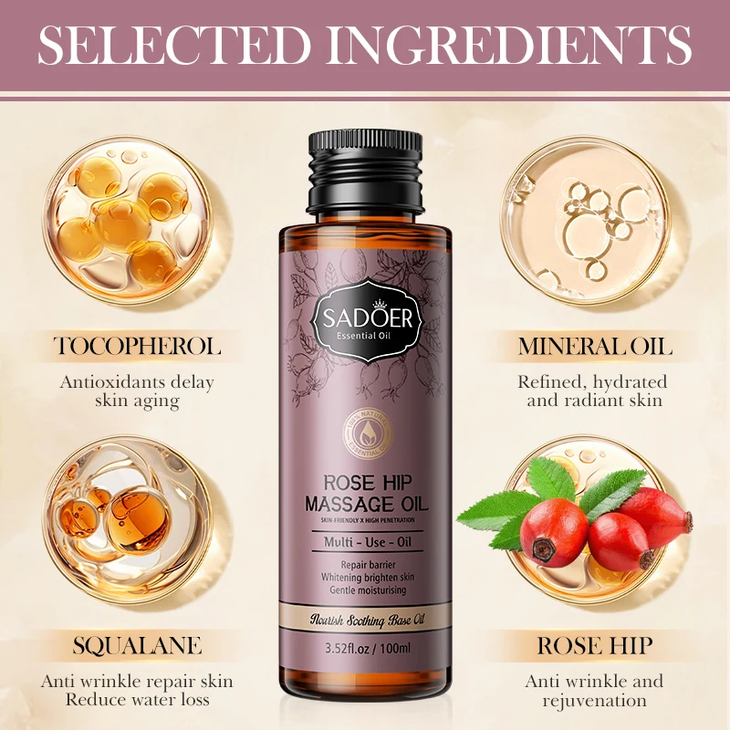 OEM SADOER Private Label Plant Fruit Massage Oil Skin Care Products Organic Rose Whitening Moisturizing Body Essential Oil