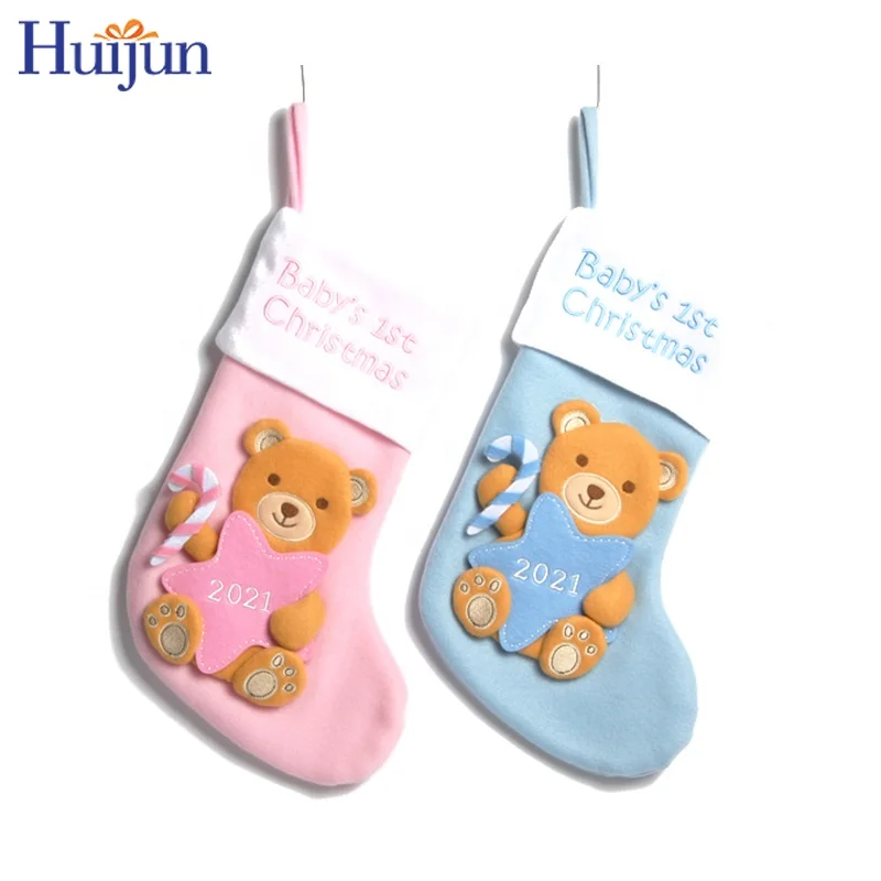 2021 Lovely 16 inch Soft Fleece Baby Christmas 3D Bear With Star Stocking Wholesale Gift Bag Baby First Xmas Tree Decorations