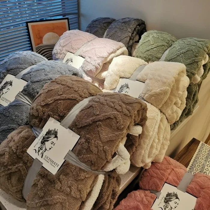 Solid Color Plus Size Striped Double Layer Thickened Sherpa Fleece Fuzzy Knit Thick Winter Blanket