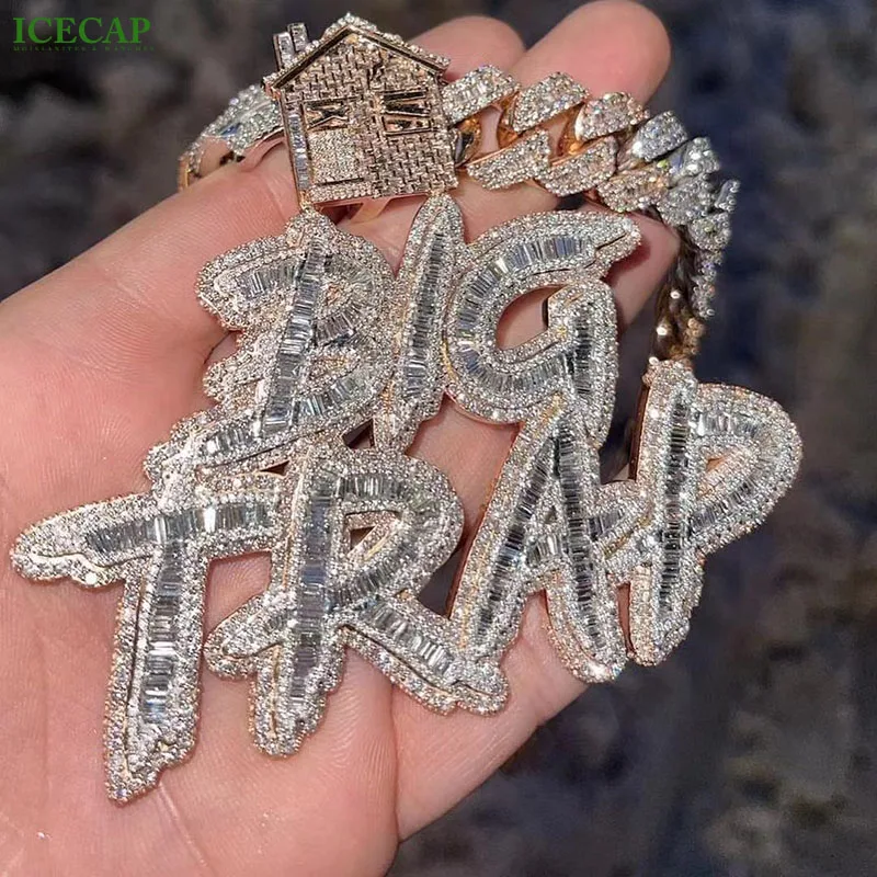 Iced Out Name  Letter Custom Pendant 925 Silver Baguette VVS Moissanite Diamond Pendant Hip Hop Fine Jewelry Pendant