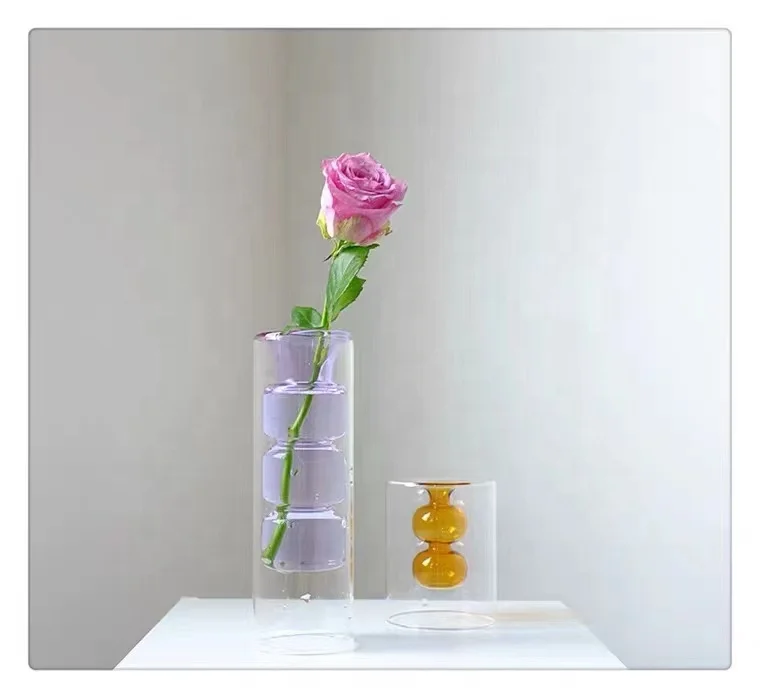 Custom Made Clear Double-wall Glass Petal Vase With Violet Seed For Desktop Decoration Floral Centerpieces