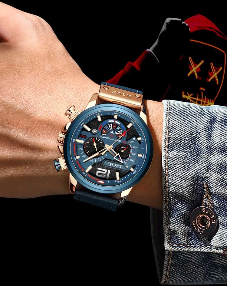 LIGE LG8959 new arrival blue male quartz watch low cost PU leather band 3 dials chronometer old sports hand watch