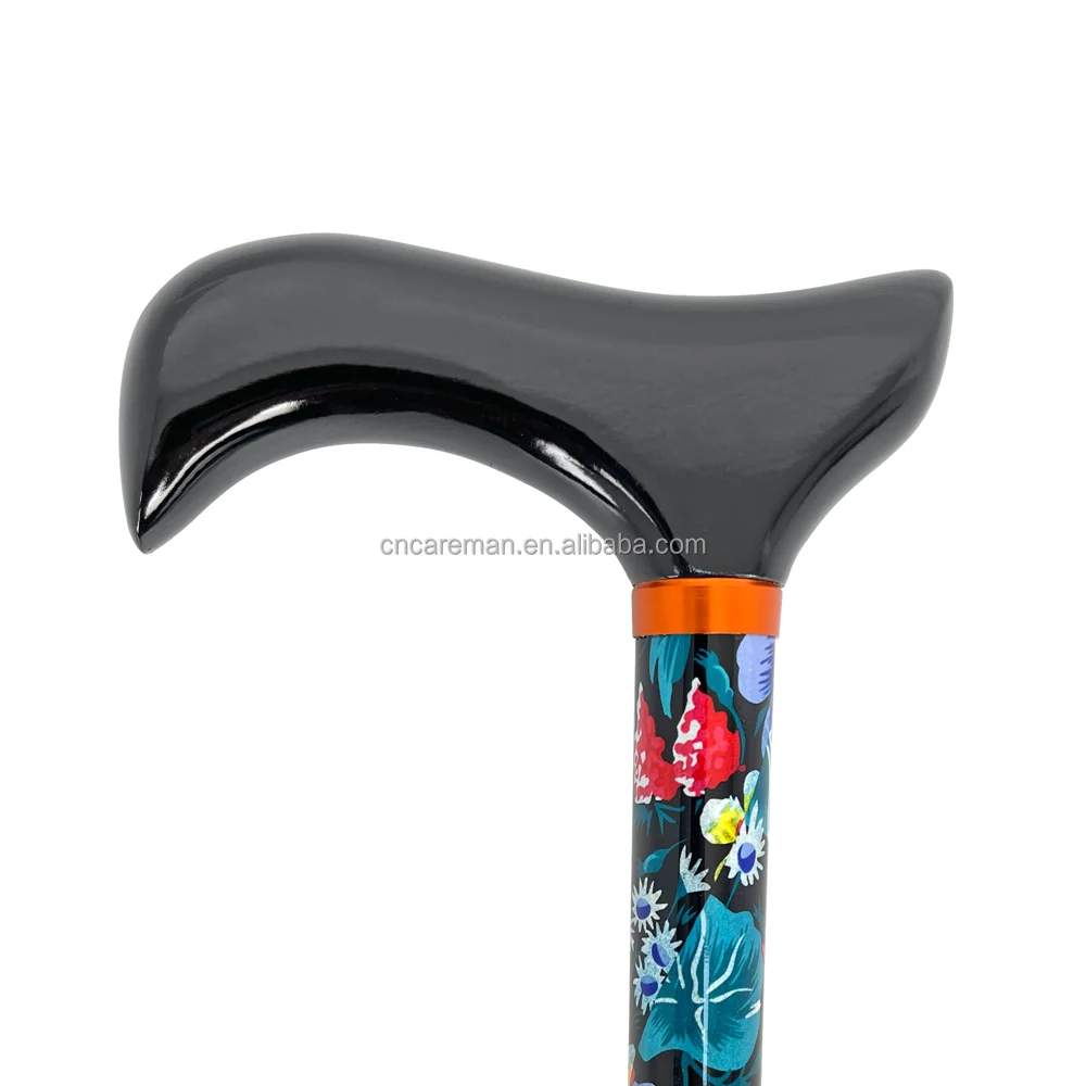 Derby Wood Handle Aluminum Folding Walking Stick Cane Non-slip Rubber Base Colorful Flower Blossom Floral Pattern Women Foldaway