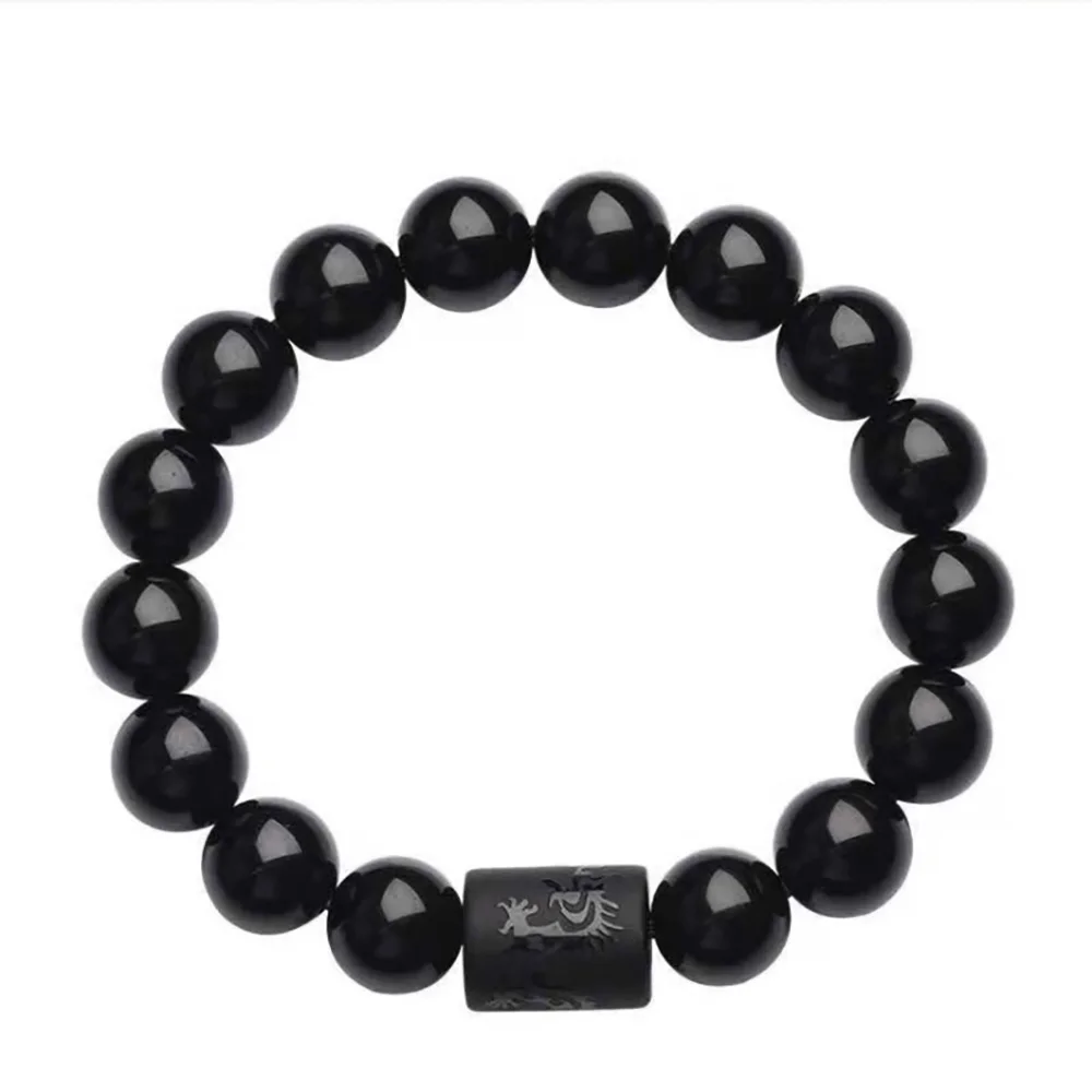 Low Price Fashinoal Crystal Obsidian Bracelet Engrave with Dragon or Phoenix Totem Cylinder Bead Men or Women