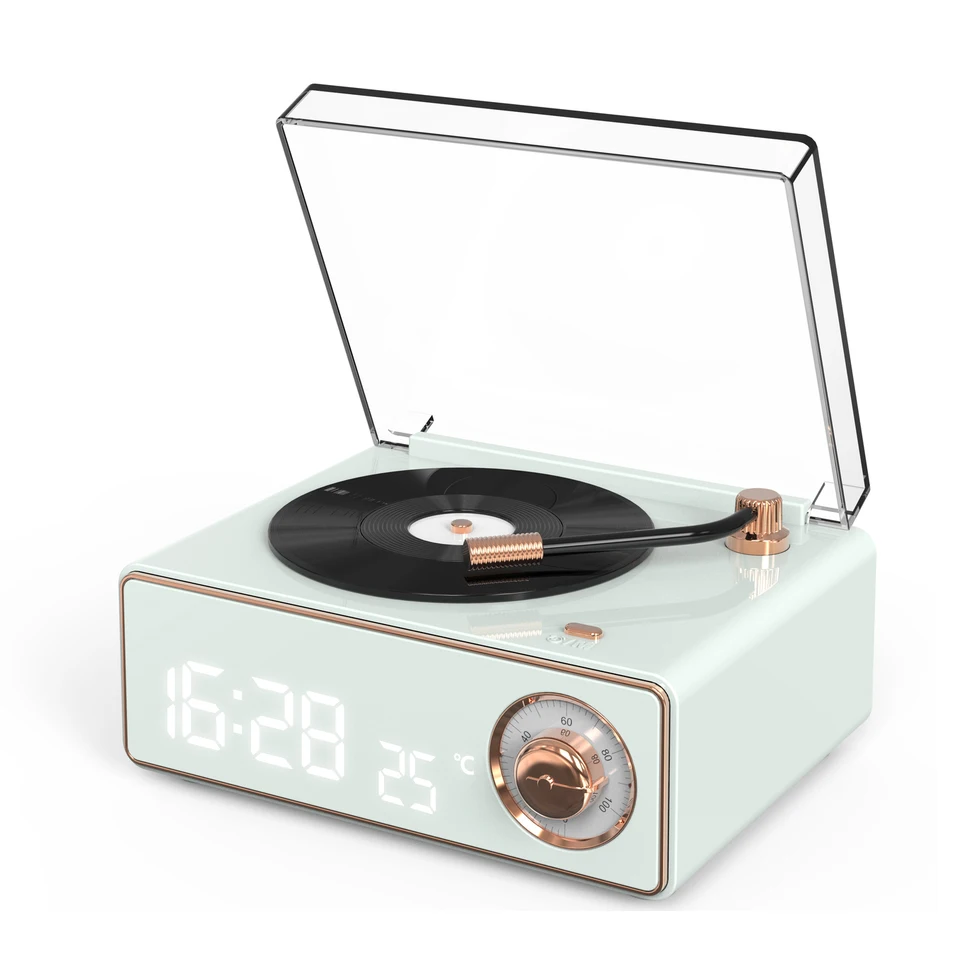 Retro Bluetooth 2023 Speaker with Radio and Turntable Features Rotating Buttons and Clock Display for Bedroom