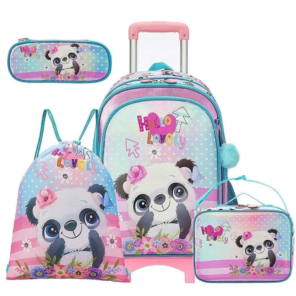 4 in 1 panda school bags kids backpack with trolley set,detachable school trolley bags for girls with lunch bag pencil case