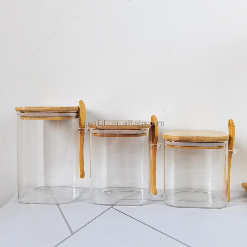 Eco-Friendly bamboo press lid borosilicate glass food spice jar airtight clear glass storage jar sets with bamboo spoon