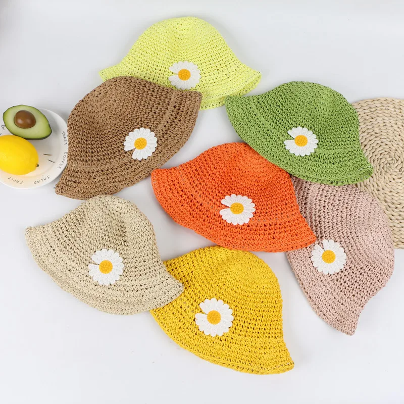 Summer Solid Candy Color Cartoon Flower Knit Kids Straw Hat For Boys Girls