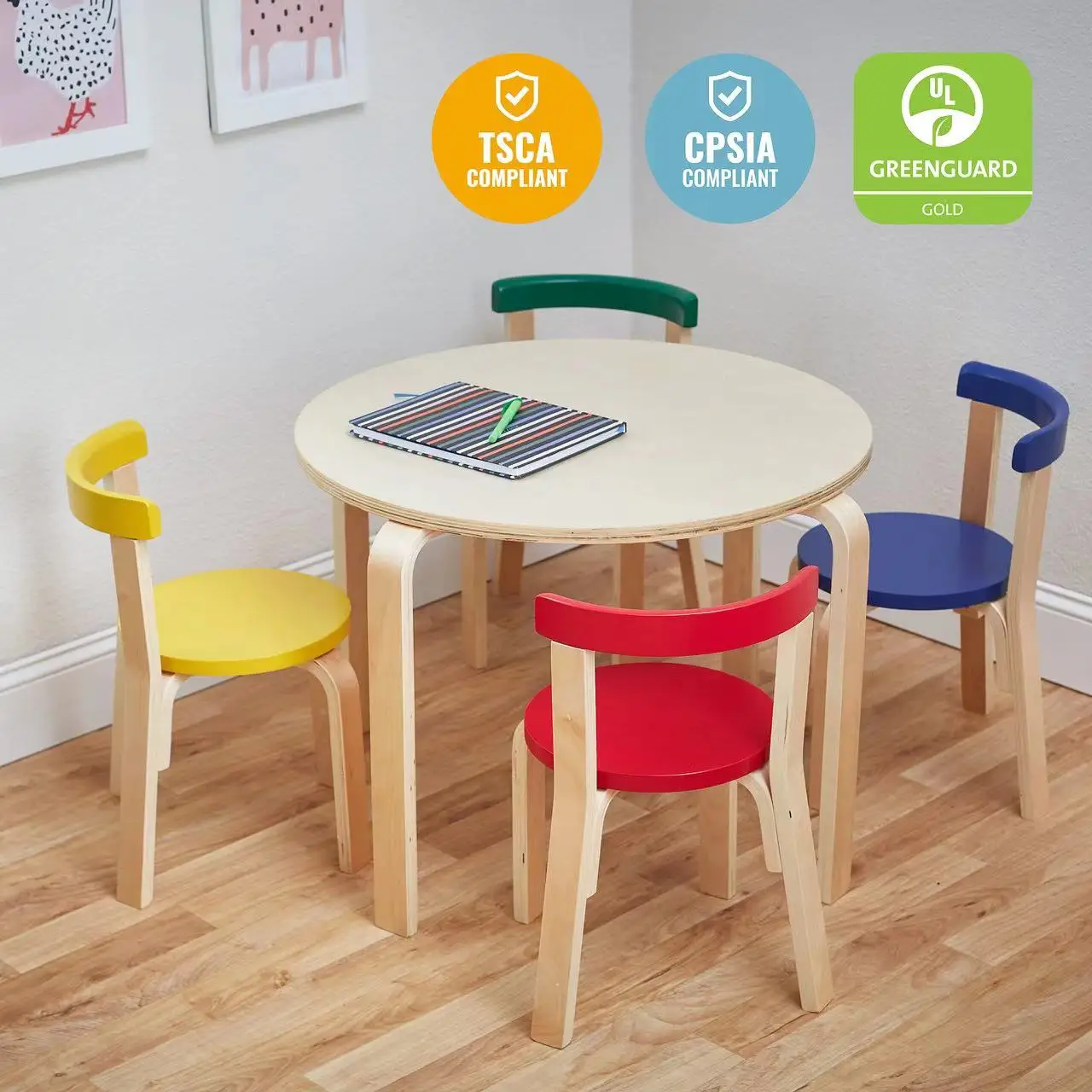 Factory Wholesale Customized Durable Minimalist Birch Plywood Child-size Furniture Kids Table and Chair with Curved Back Bar