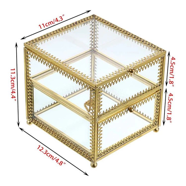 Vintage Glass Jewelry Trinket Box Bracelets Necklace Watch Rings Organizer holder Jewelry Display Case with Drawer