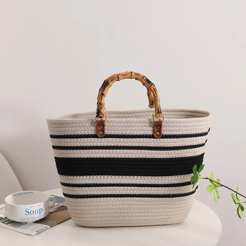 2024 Women Bamboo Straw Cotton Bag Beach Holiday Dress Striped Tote Bags Eco-friendly Handmade Woven Bags Beach Vacation Handbag