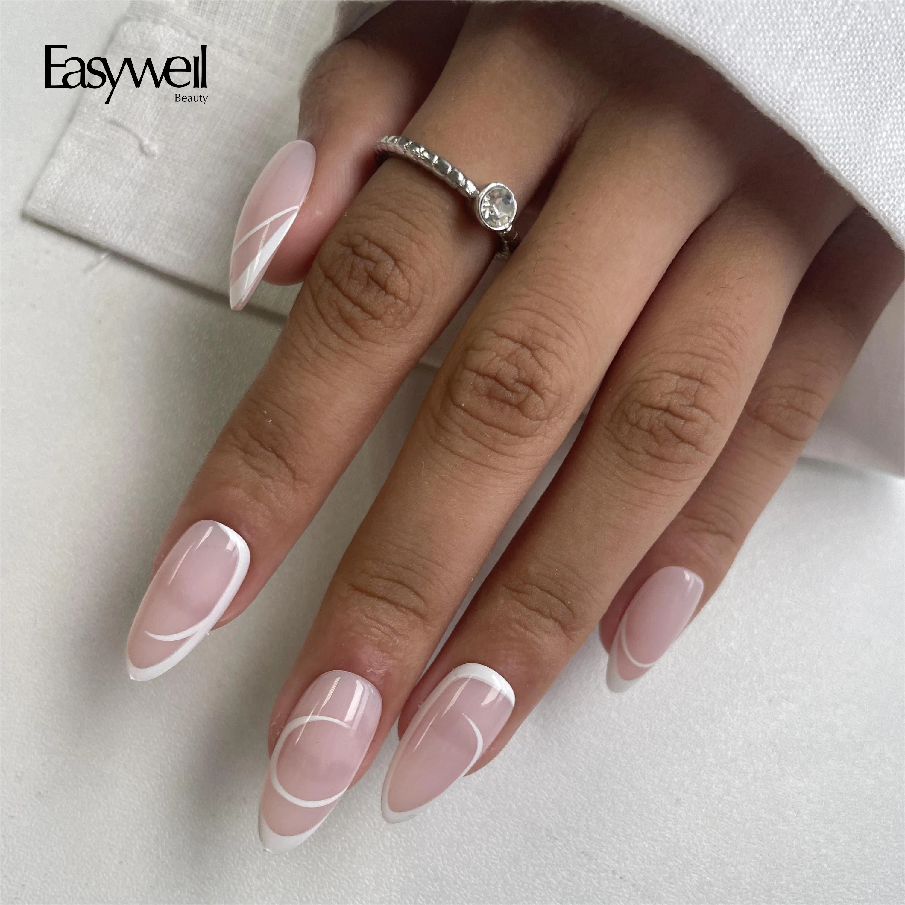 Easywell Custom White French Design Nails Handmade Acrylic Box Artificial False Nail Fingernail Press On Nails