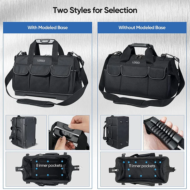Custom Logo Heavy Duty Waterproof Oxford Fabric Multi-Pockets Wide Mouth Large Electrician Tool Bag with Shoulder Strap