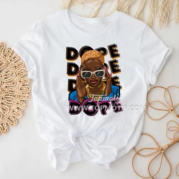 Dope Girl Gold Curly Hair Gold Sunglasses DTF Transfer Printing Garment Heat Sticker Applique Ready To Press Free Shipping