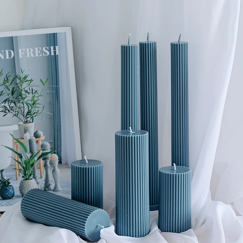 Wholesale Custom Luxury wedding home decoration colored round shaped 100% natural strip cylinder long pillar soy wax candle