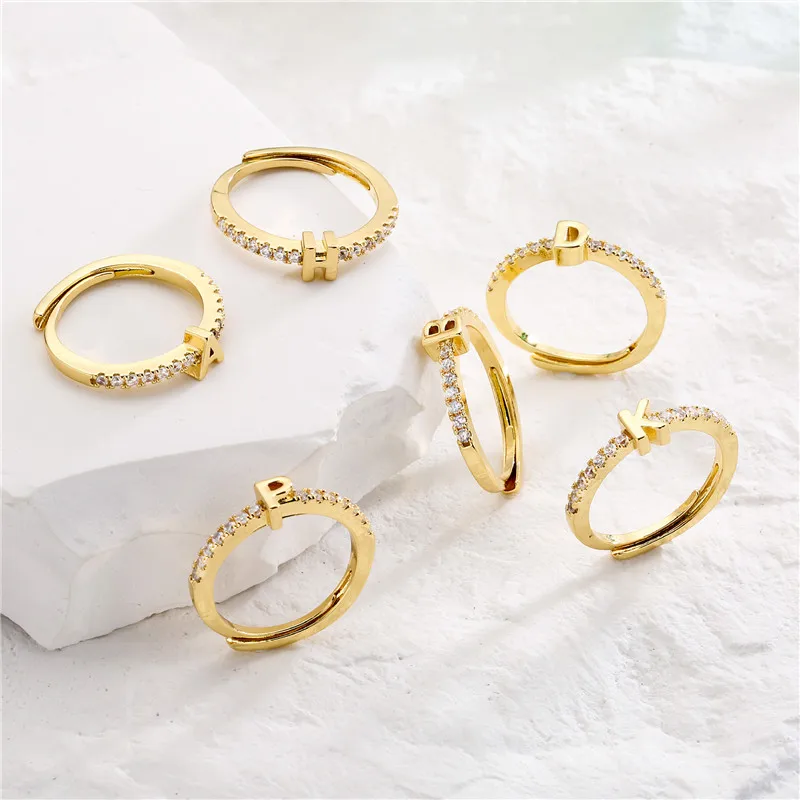 Women gold ring A-Z initial letter ring adjustable with zircon