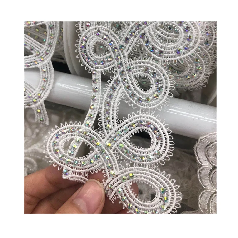 2.7' Wide high quality Venice Applique / Venise chemical rhinestone Lace trim DIY crafted Fabric sewing wedding dress