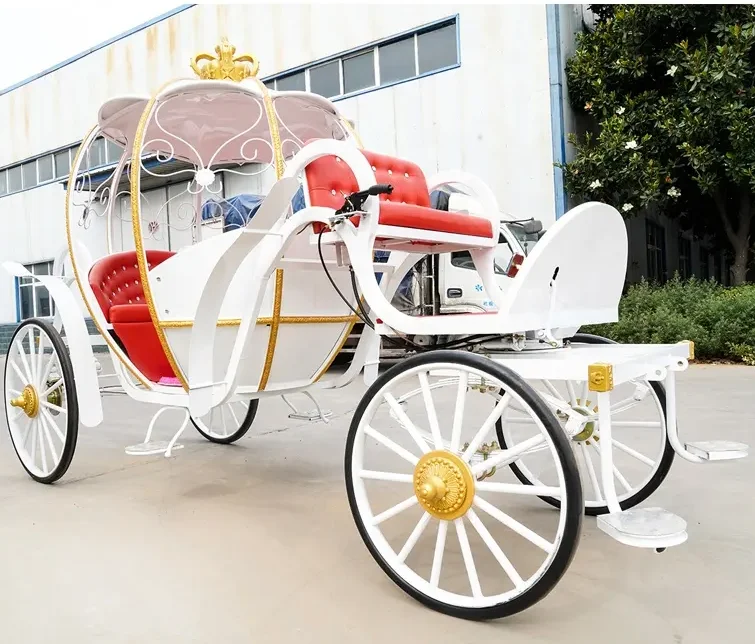 Red leather seat electric cinderella pumpkin horse carriage royal horse cart 4-wheel horse donkey cart  with crown