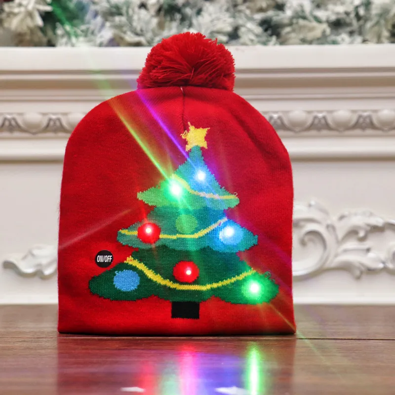 Hot Selling Winter Xmas LED Decorations Lighted Beanie Caps Plaid Santa Claus knitted christmas hat for Adults child gift