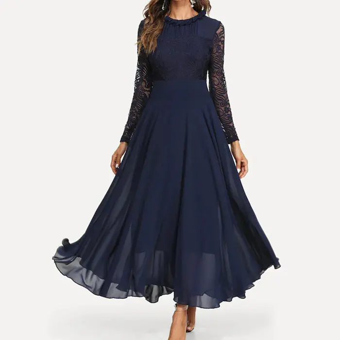 2020 Fashion Custom Lady Chiffon Ruffle Maxi Lace Dress OEM/ODM Vestidos Women Elegant Summer Casual Dresses