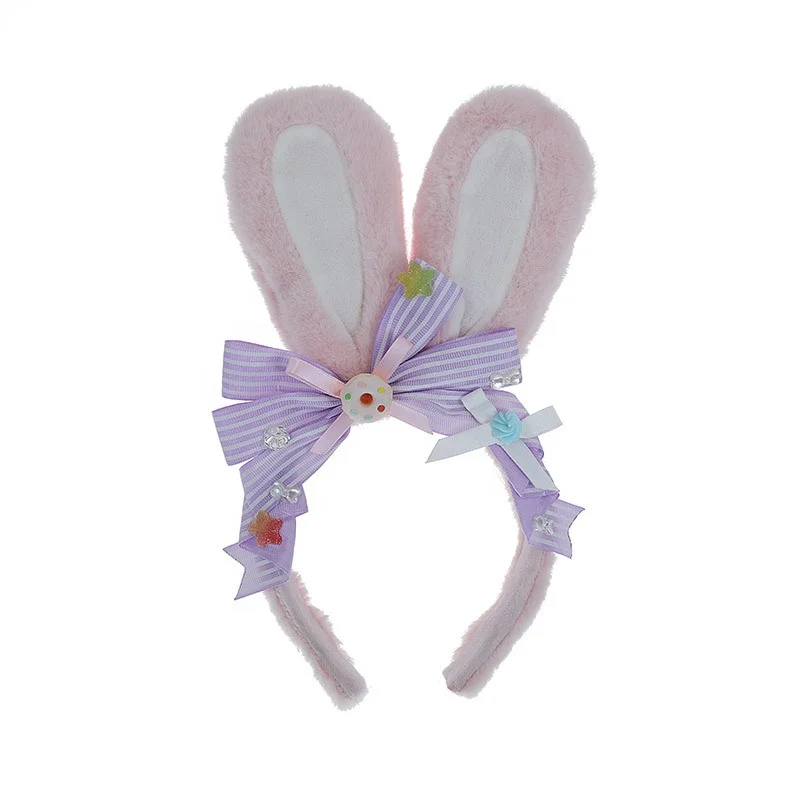 Sweet Plush Bunny Ear Hairband Bow Lace Easter Animal Cosplay Lolita Big Rabbit Bunny Ear Headband Party Favors Cosplay Costume