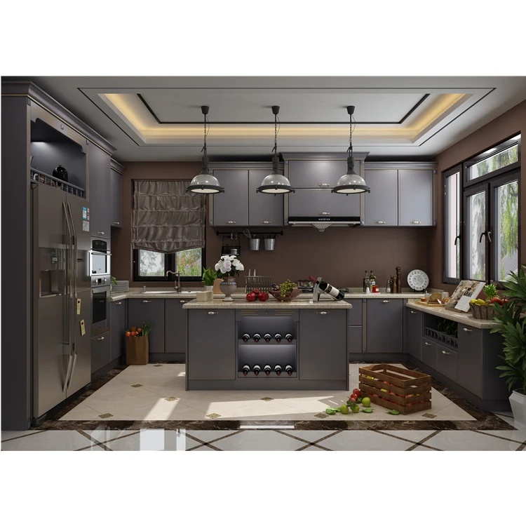 U-shape Home Kitchen Stainless Acrylic Lacquer PVC Membrane Solid Wood Melamine Cabinet High Gloss Kitchen Cabinets Design