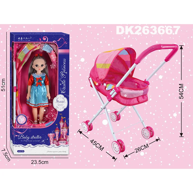 12 Inch Sweet Doll Cart Pink Toy Doll Stroller Pretend Play Toys