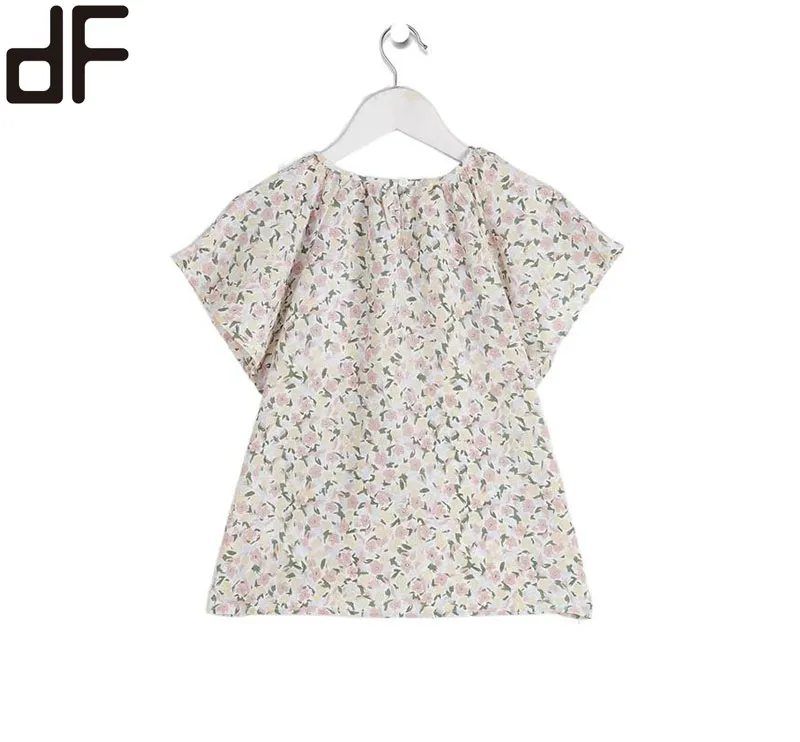 New Custom Girls Blouses Floral Printed Summer Kids Clothing Butterfly Print Top Short Sleeve O Neck Tops For Kids