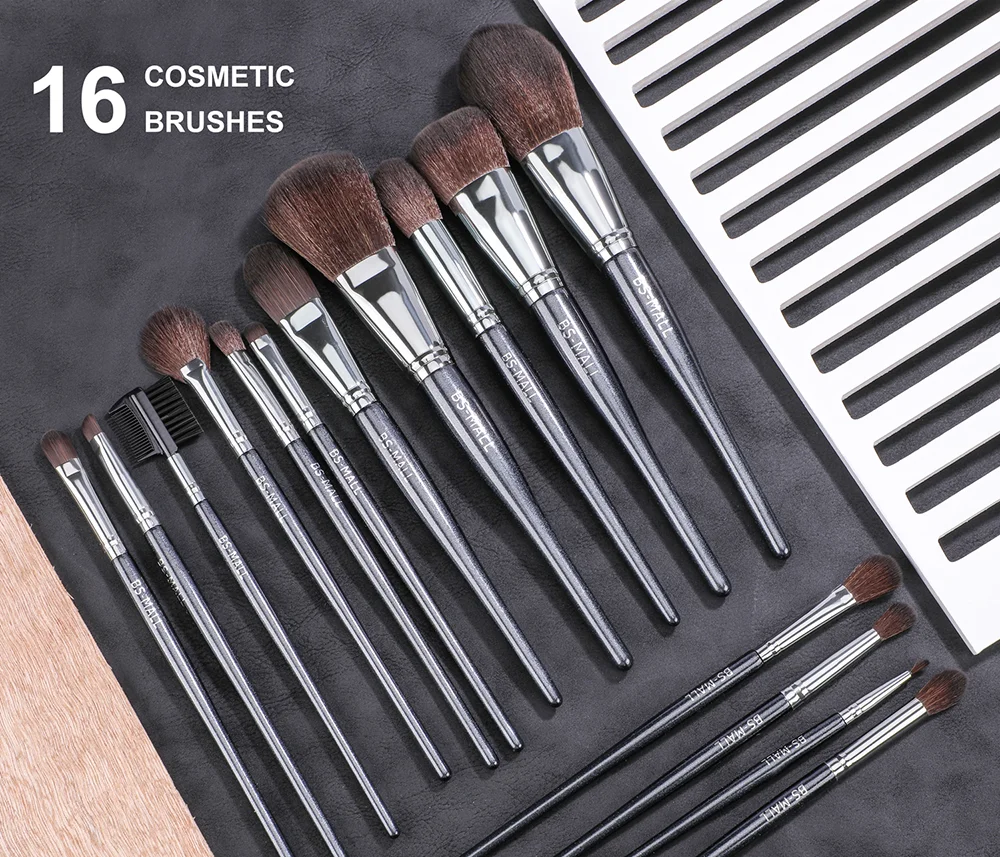 BS-MALL Black Makeup Brushes Kits 16PCS Unique Wooden Handle Custom Made Makeup Cosmetic Brushes Private Label