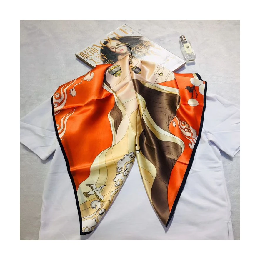 wholesale 90*90cm China manufacturers custom own logo  design digital print pink square polyester silk satin scarf for women