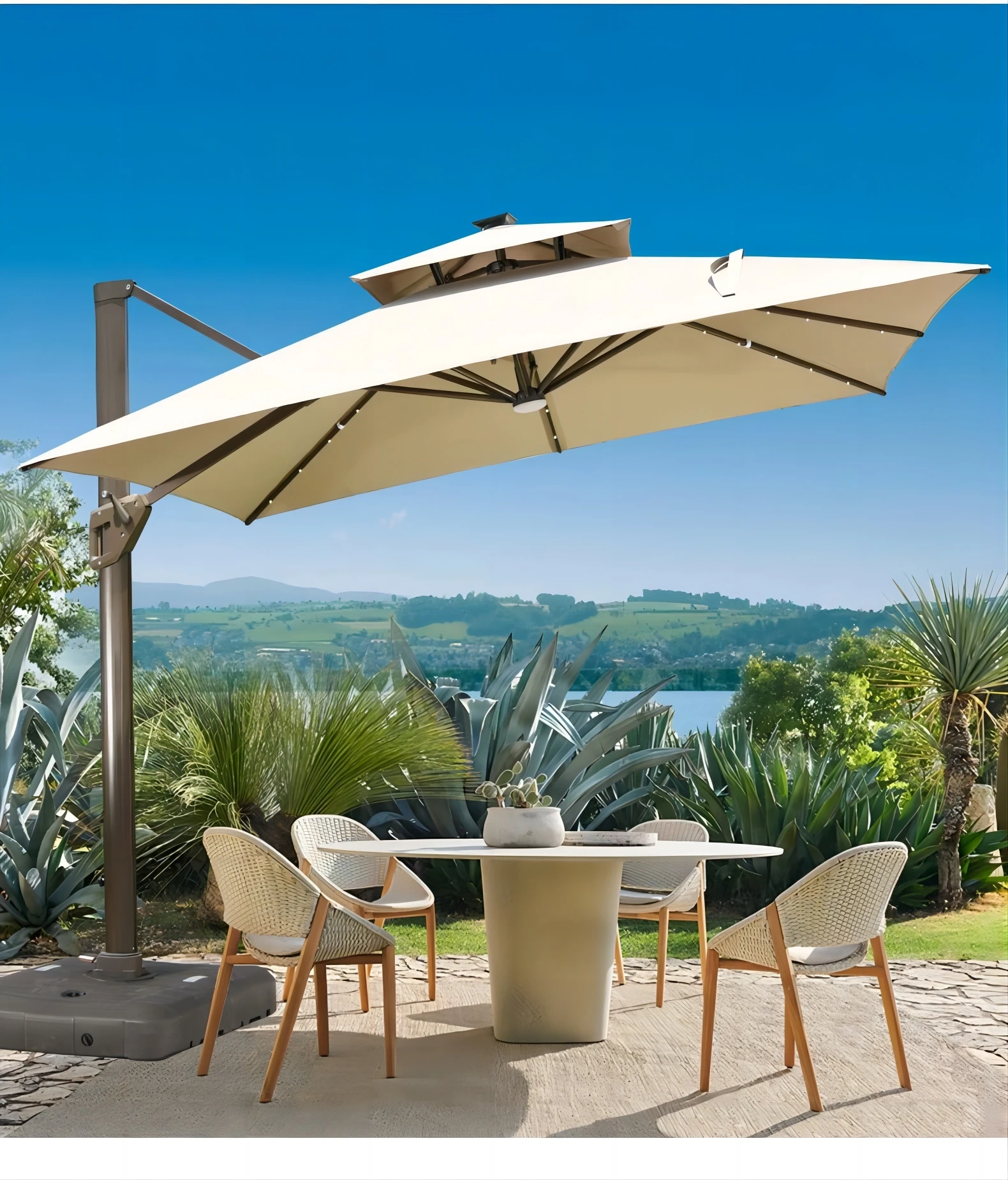 Garden Patio European Style Led Parasol Roma Solar Light Umbrella For Coffee Shop