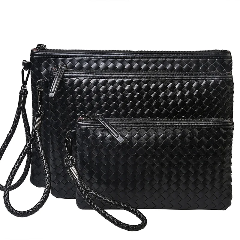 Wholesale Weave Document Envelope Bag Men PU Leather Clutch Handbag Woven Hand Bags