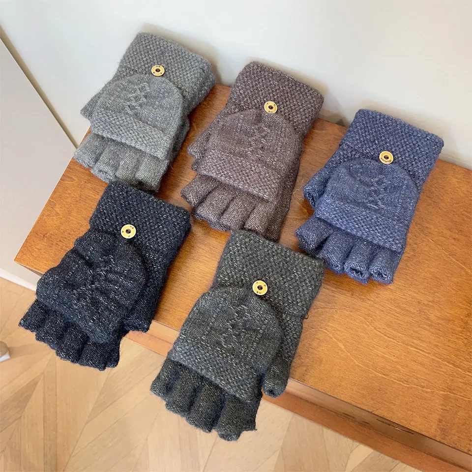 Factory Wholesale Men Winter Warm Yarn With Mitten Cover Knit Convertible Fingerless Glove