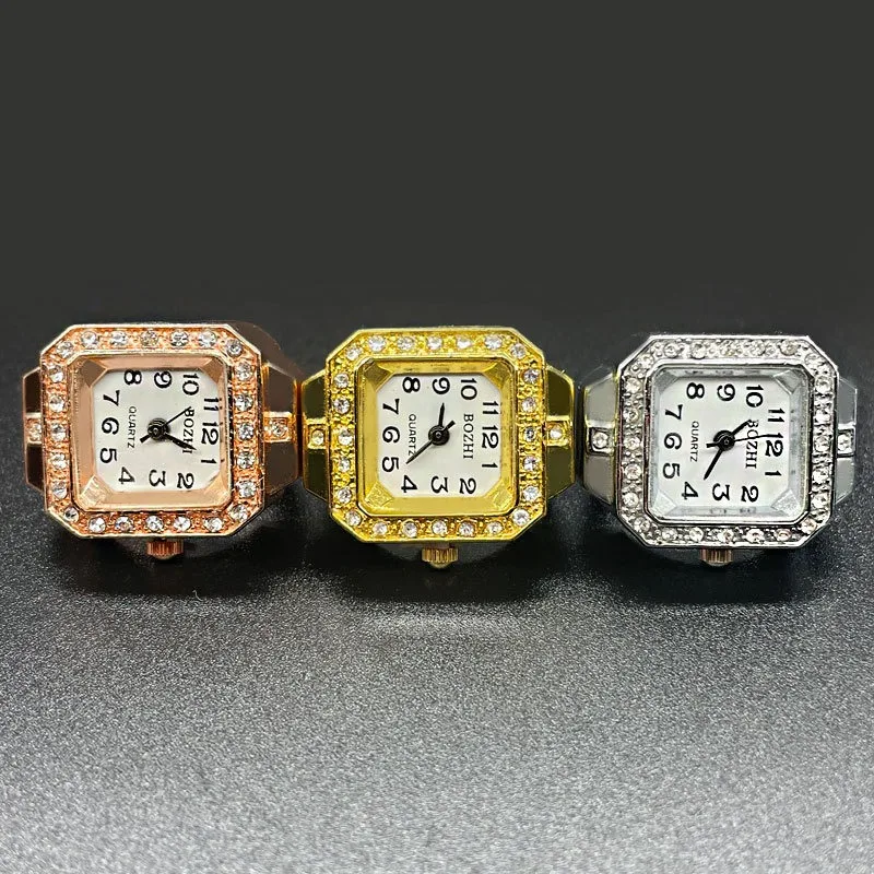 wholesale punk hip-hop Jewelry Free size Mini Vintage Gold Watch Ring Metal Finger Watch Elastic Strap gifts for Women Men