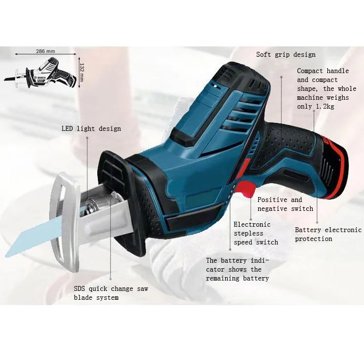 Cordless Reciprocating Saw with LED include 1pcs Wood Saw Blade and 1pcs Metal Saw Blade GSA12V-Li