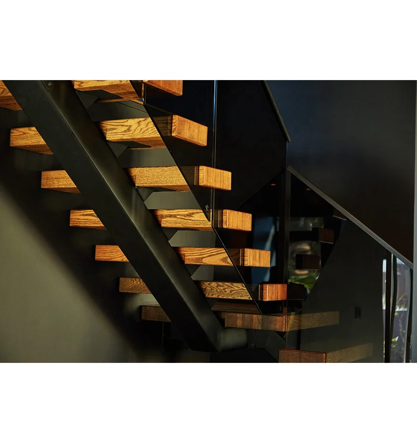 Elegant Double Slab Beam Staircase Single Acrylic Floating Glass Spiral Staircase Tread House Solid Wood LED Light Stair