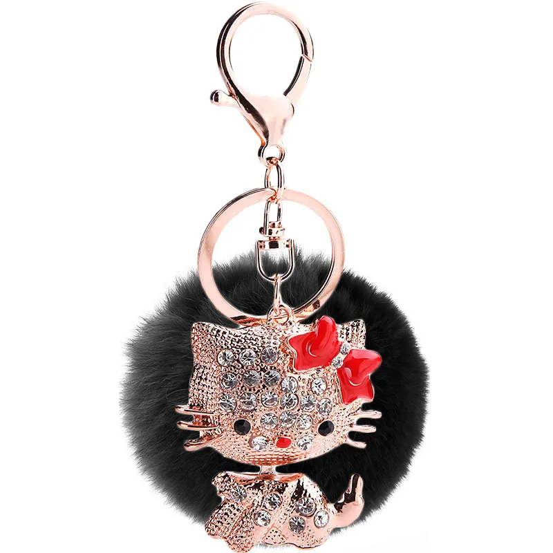 Custom Pompoms Car Key Chains Crystal Metal Hello Kitty Keychain 3D Cartoon Design Metal Key Chain Accessories