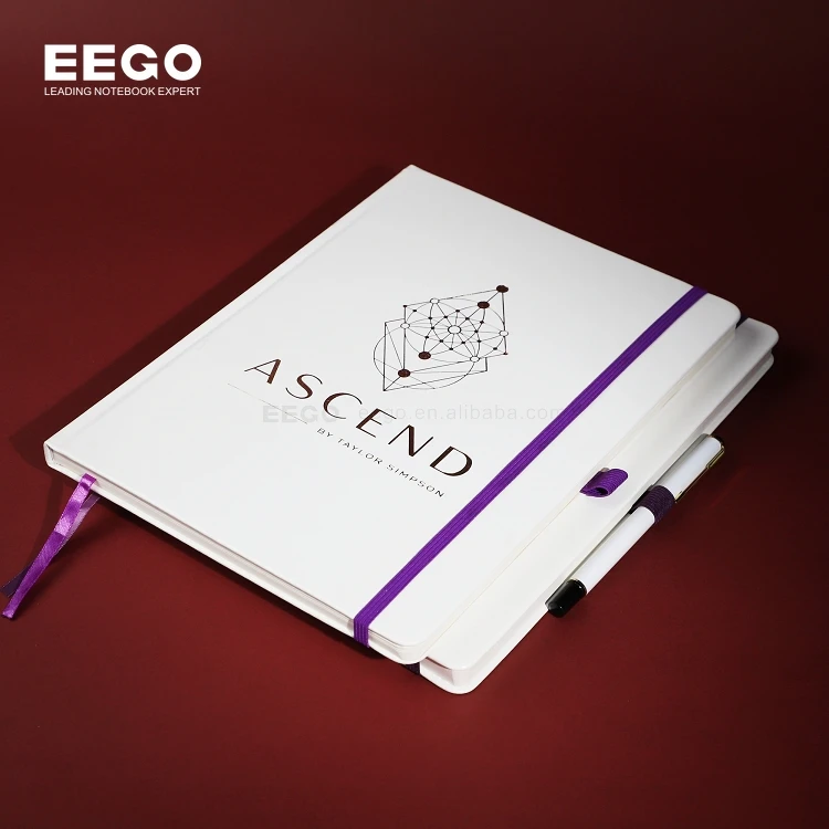 A4 Soft Leather Bound Journal Note Books Lined  8x11 Custom Gold Logo Personalised White Notebook With Elastic Band and Pen