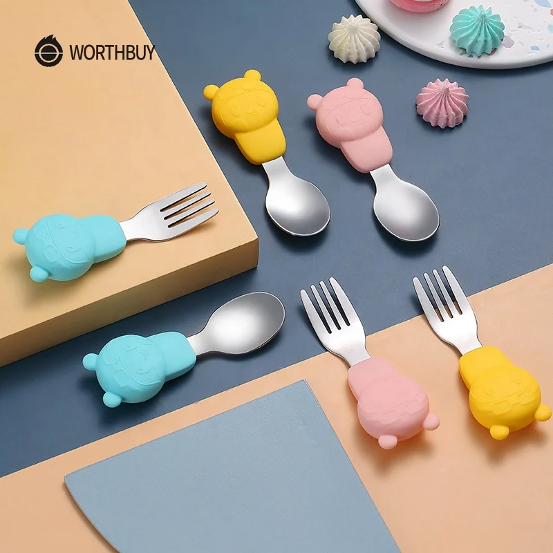WORTHBUY Carton Pilot Tableware For Kids 18/8 Stainless Steel Spoon Fork Dinnerware Set With Silicone Handle Kitchen Dinner Set