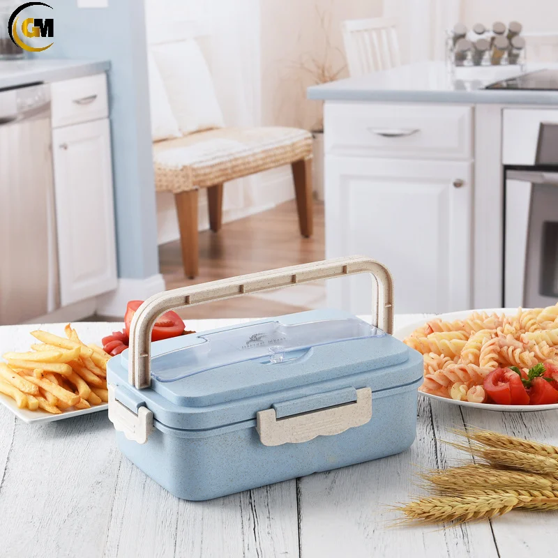 GEMEI Eco-Friendly Portable Bento Box Dishwasher Safe Plastic Wheat Straw Lunch Box with free fork spoon cutlery