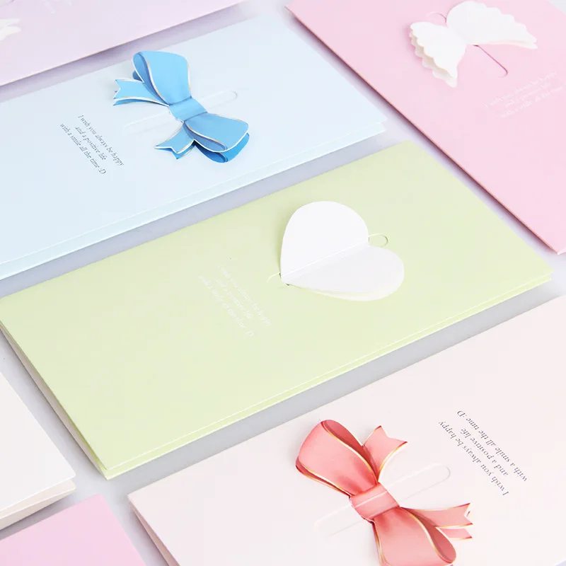 Custom Printing Logo Wholesale 3D Heart Wings Bow Festival Two Fold Wishing Gift Paper Greeting Card