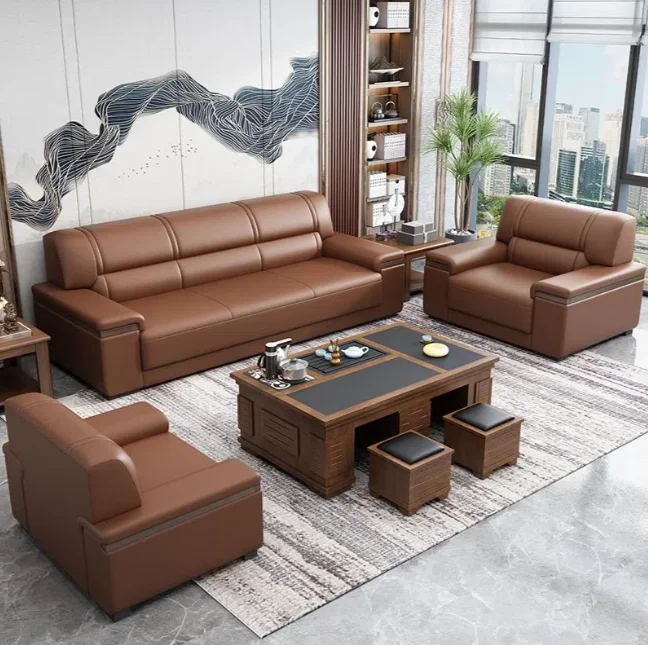 Top Fashion factory high quality LOGO custom leather reception set tea table combina Office sofa