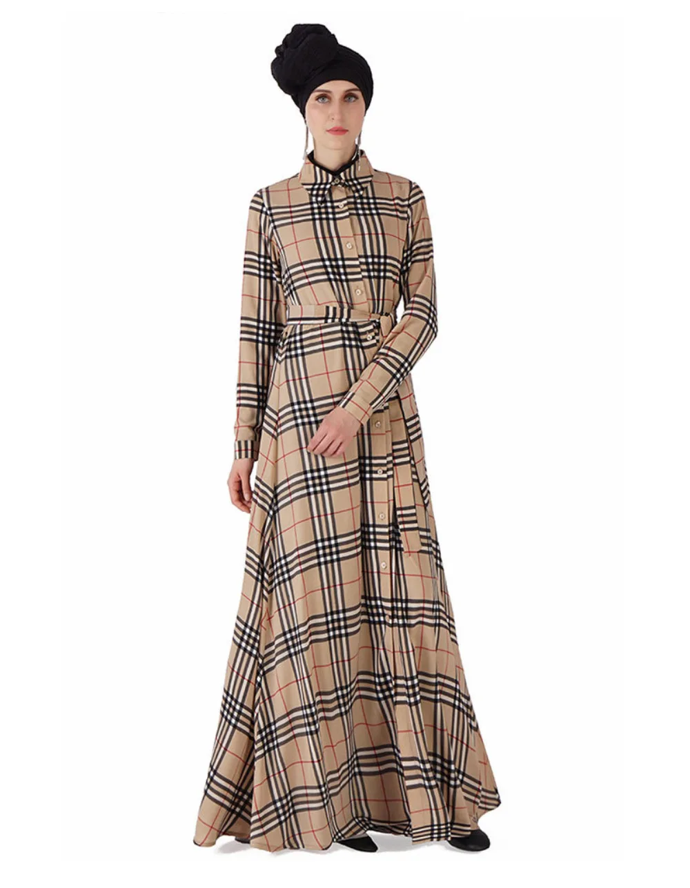 England Vintage Plaid Long Dress Abaya Muslim Women Classic Lapel Lace Up Single Breasted Long Plaid Dress Casual Abaya Dubai