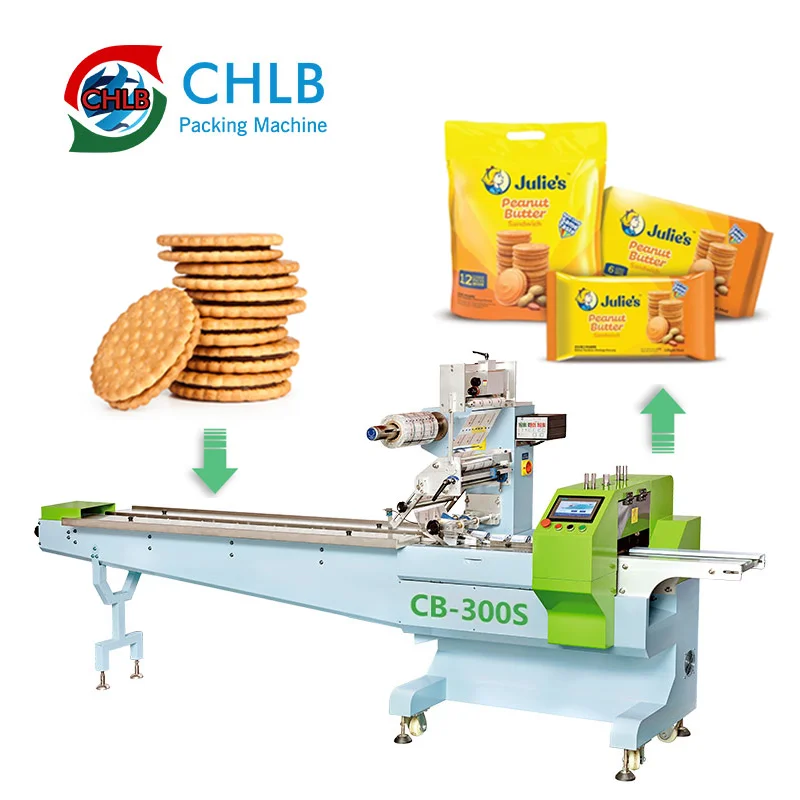 Automatic Horizontal Pillow Wafer Double Sandwiching Bakery Cookies Packaging Flow Wrapper Biscuit Packing Machine